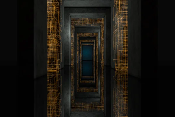 Túnel Oscuro Con Líneas Circuito Dorado Renderizado Dibujo Digital Informático —  Fotos de Stock