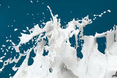 Mavi arka planda süt sıçratma, 3 boyutlu görüntüleme. Bilgisayar dijital çizimi.