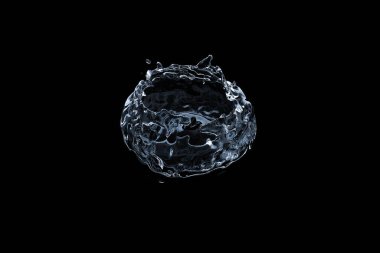 Siyah arka planda su sıçratma, 3 boyutlu görüntüleme. Bilgisayar dijital çizimi.