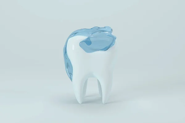白色牙齿 上面有蓝色液体 3D渲染 计算机数字绘图 — 图库照片
