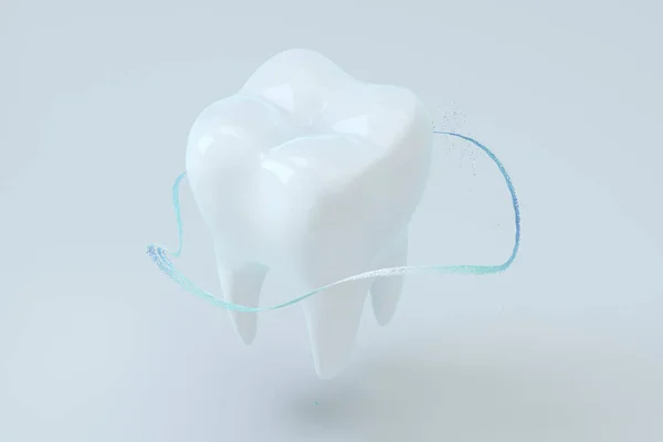 青いグラデーション状の粒子が囲まれた白い歯 3Dレンダリング コンピュータ デジタル ドローイング — ストック写真