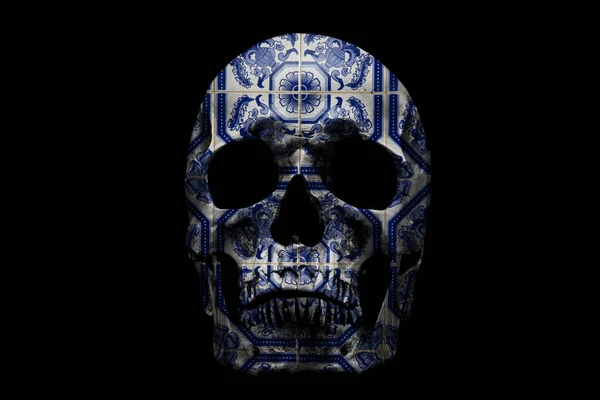 Human Skull Ornate Pattern Black Background Traditional Portuguese Glazed Ceramic — Stock Photo, Image