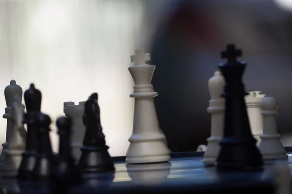 Chess Pieces Black White Board Black Pawn Leader Fight Teamwork — Stock Photo, Image