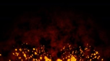 Yanan kırmızı, sıcak uçan kıvılcımlar gece gökyüzünde ateş saçar. Siyah arkaplanda uçan kanat şekli güzel soyut arkaplan.