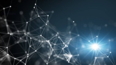 Teknoloji ağı ve çizgi ve noktayla iletişim bilgi aktarım hattı ve mavi arkaplan üzerinde nokta.