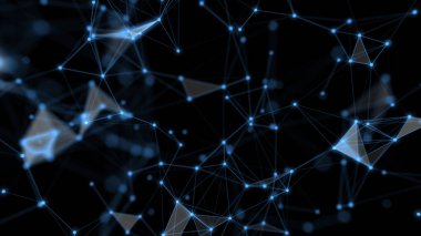 Teknoloji ağı ve çizgi ve noktayla iletişim bilgi aktarım hattı ve mavi arkaplan üzerinde nokta.