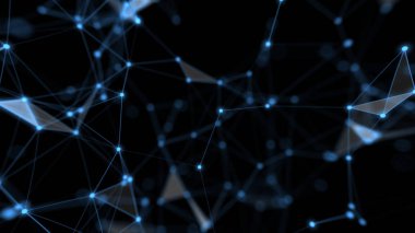 Teknoloji ağı ve çizgi ve noktayla iletişim bilgi aktarım hattı ve mavi arkaplan üzerinde nokta.