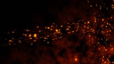 Yanan kırmızı, sıcak, gece gökyüzünde sağdan sola kıvılcımlar saçar. Siyah arka planda uçan kanat şekli çok soyut. Bir sürü böcek ve böcek gibi..