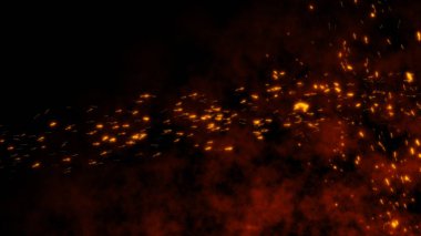 Yanan kırmızı, sıcak, gece gökyüzünde sağdan sola kıvılcımlar saçar. Siyah arka planda uçan kanat şekli çok soyut. Bir sürü böcek ve böcek gibi..