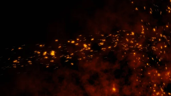 Bruciando Scintille Rosse Volanti Fuoco Destra Sinistra Nel Cielo Notturno — Foto Stock
