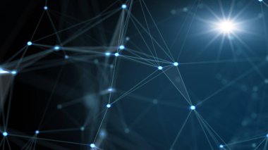 Teknoloji ağı ve çizgi ve nokta ile iletişim veri aktarımı ve mavi arkaplan üzerinde nokta. Ağ arka plan bilim kavramı.