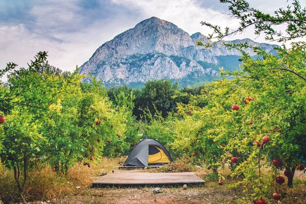 Travel tent in mountains.