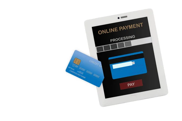 Aplicação de pagamento on-line com cartão de crédito no tablet do computador em fundo branco — Fotografia de Stock