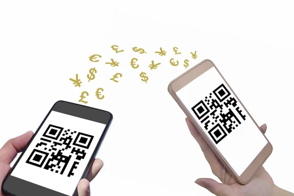 Ручные Смартфоны Кодом Экране Валютой Белом Фоне Концепция Финансовых Технологий — стоковое фото