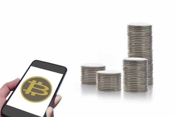 Smartphone Con Scambio Bitcoin Pila Monete Sfondo Bianco Concetto Tecnologia — Foto Stock