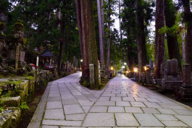Koyasan, Japonya - 20 Kasım 2019: Japonya 'nın Koya Dağı' ndaki Okunoin Mezarlığı Parkı 'ndaki Kobodaishi Gobyo Mausoleum' a yürüyüş yolu. Koyasan Wakayama 'nın Kansai bölgesinde yer almaktadır..