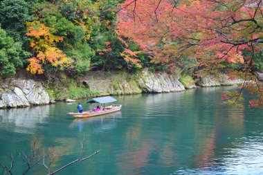 Kyoto, Japonya - 26 Kasım 2019: Japonya 'nın Kyoto kentindeki Arashiyama bölgesinde sonbahar mevsiminde Hozu Nehri' nde gezgin botu