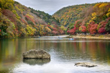Kyoto, Japonya - 26 Kasım 2019: Japonya 'nın Kyoto kentindeki Arashiyama bölgesinde sonbahar mevsiminde Hozu Nehri' nde yerli halk ve turist teknesine binmek