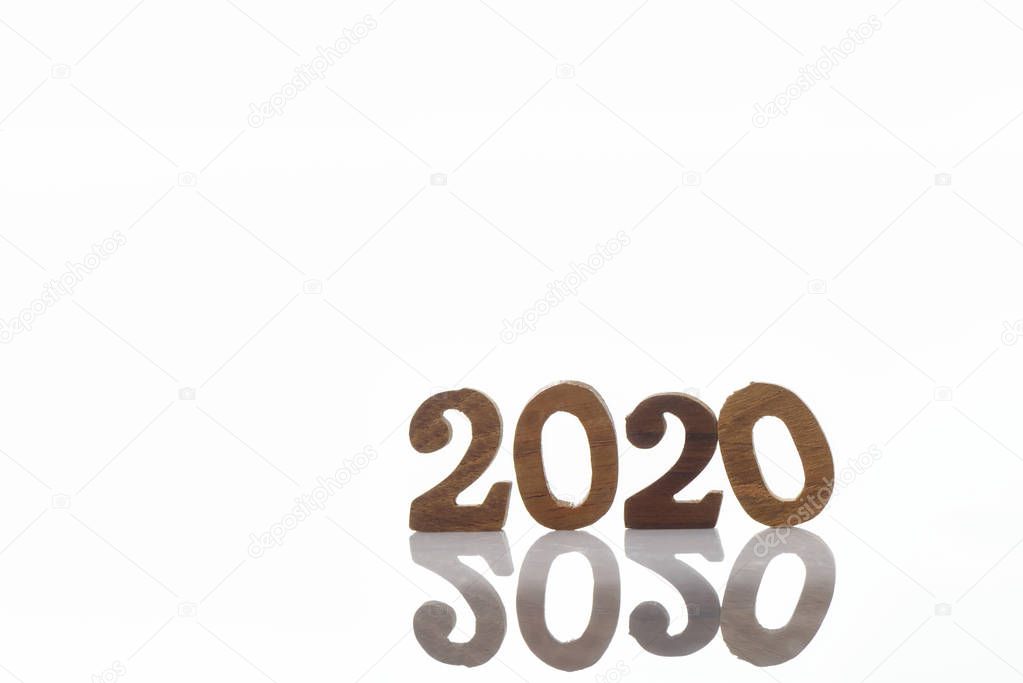 Wooden 2020 isolation on white background, happy new year concept and happiness time to change idea