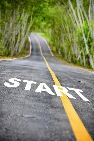 Tree Tunnel Start Word Asphalt Road Surface Business Success Concept — Stock Photo, Image