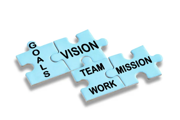 ビジョン ミッション チームの言葉は 白の背景に青いパズルに取り組み 生産的なビジネスコンセプトと成功のアイデア — ストック写真