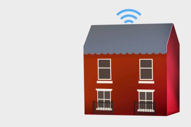 Beyaz arka planda internet ikonu olan ev modeli, ev kavramı ve internet kablosuz fikrinden akıllı teknoloji çalışması