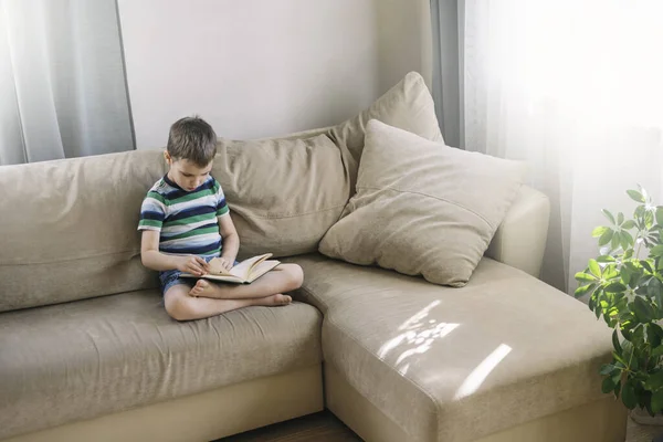 Мальчик читает дома. — стоковое фото
