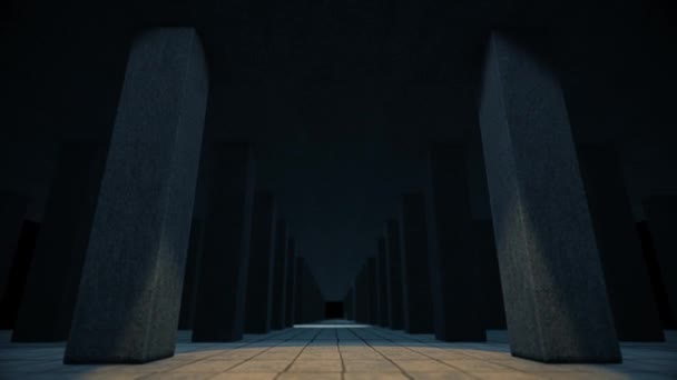 Lång Korridor Mellan Gigantiska Cementpelare Med Belysning — Stockvideo