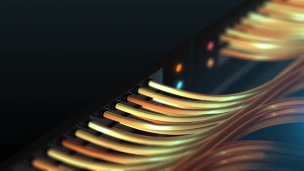 Câbles Ethernet connectés au modem avec des informations et des données de streaming de code binaire numérique. Concept : Numérisation et visualisation des télécommunications. Macro Shot, Jaune Effets spéciaux 