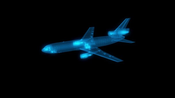 3Dモーショングラフィックス ホログラムワイヤーフレーム内の飛行機 — ストック動画