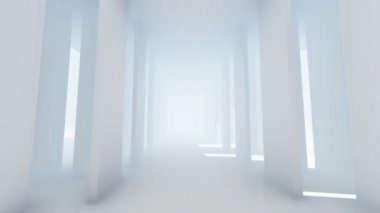 Beyaz sütunlar, parlak ışığı olan fütürist boş beyaz koridor