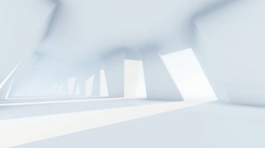 3D animasyon, dikdörtgen duvarlar ve gelecekteki boş beyaz koridorlu parlak ışık