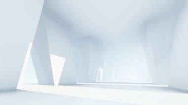 3D animasyon, dikdörtgen duvarlar ve gelecekteki boş beyaz koridorlu parlak ışık