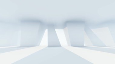 3D animasyon, dikdörtgen duvarlar ve gelecekteki boş beyaz koridorlu parlak ışık