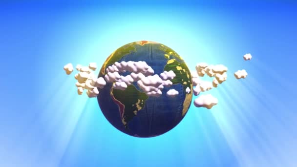 Cartoon Earth Con Bosques Bajo Nivel Polietileno Mapa Nubes — Vídeo de stock