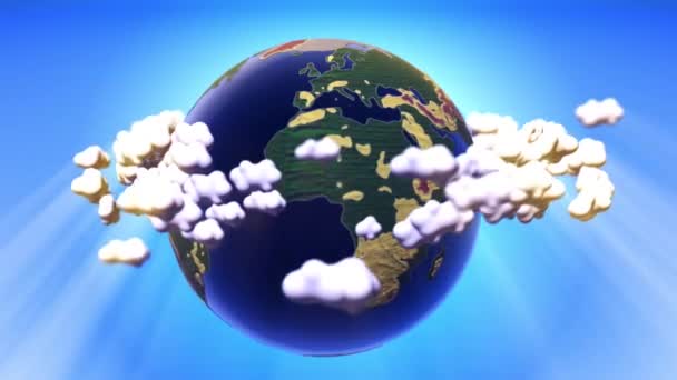 Cartoon Earth Con Bosques Bajo Nivel Polietileno Mapa Nubes — Vídeos de Stock