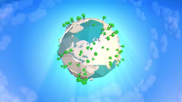 Cartoon Earth Con Bosques Bajo Nivel Polietileno Mapa Nubes — Vídeos de Stock