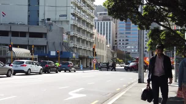 Wellington, Nova Zelândia, FEB 05, 2020: Downtown Wellington City ruas na capital da Nova Zelândia, câmera lenta de pedestres e tráfego . — Vídeo de Stock