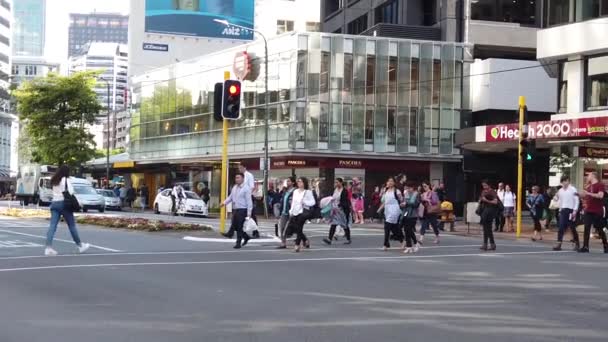 Веллінгтон, Нова Зеландія, 5 лютого 2020: вулиці в центрі міста Веллінгтон, в столиці Нової Зеландії, повільний рух пішоходів і трафіку.. — стокове відео