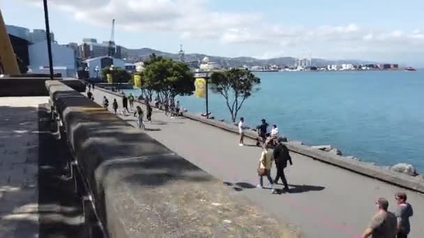 Wellington, Nieuw-Zeeland, 05 feb 2020: Hyperlapse van Downtown Wellington City uitzicht op het water in de hoofdstad van Nieuw-Zeeland — Stockvideo