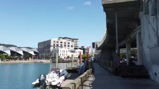 Wellington, Nieuw-Zeeland, 05 feb 2020: Hyperlapse van Downtown Wellington City uitzicht op het water in de hoofdstad van Nieuw-Zeeland — Stockvideo