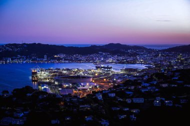 Wellington limanı şehir manzarası gece gün batımından sonra