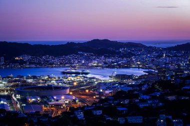 Wellington limanı şehir manzarası gece gün batımından sonra