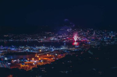 Wellington şehir manzarası ve havai fişekler; Wellington suyu New York 'a bakıyor
