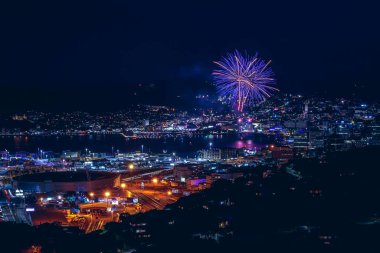 Wellington şehir manzarası ve havai fişekler; Wellington suyu New York 'a bakıyor