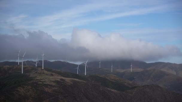 Vídeo Fazenda Moinhos Vento Para Produção Energia Terras Altas Nova — Vídeo de Stock