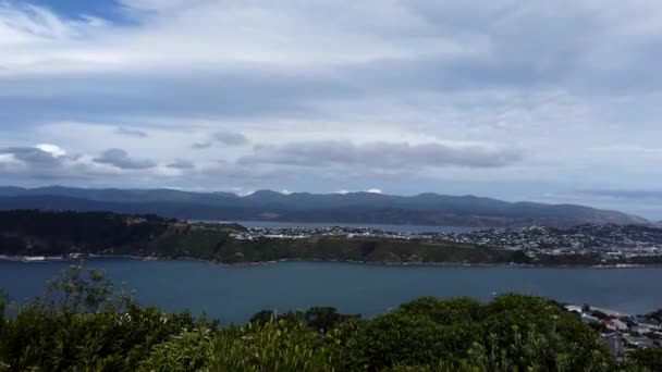 Tijd verstrijkt, wolken rollen over Wellington City in de ochtend — Stockvideo