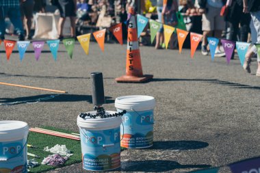 Wellington, Yeni Zelanda, 07 Mart 2020: Rotary Martinborough Fuarı 2020; İnsanlar açık hava pazarında güneşli günün tadını çıkarıyorlar