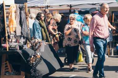 Wellington, Yeni Zelanda, 07 Mart 2020: Rotary Martinborough Fuarı 2020; İnsanlar açık hava pazarında güneşli günün tadını çıkarıyorlar