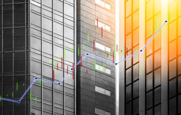 Grafico Indice Con Edifici Sfondo Doppia Esposizione Concetto Ricerca Finanziaria — Foto Stock